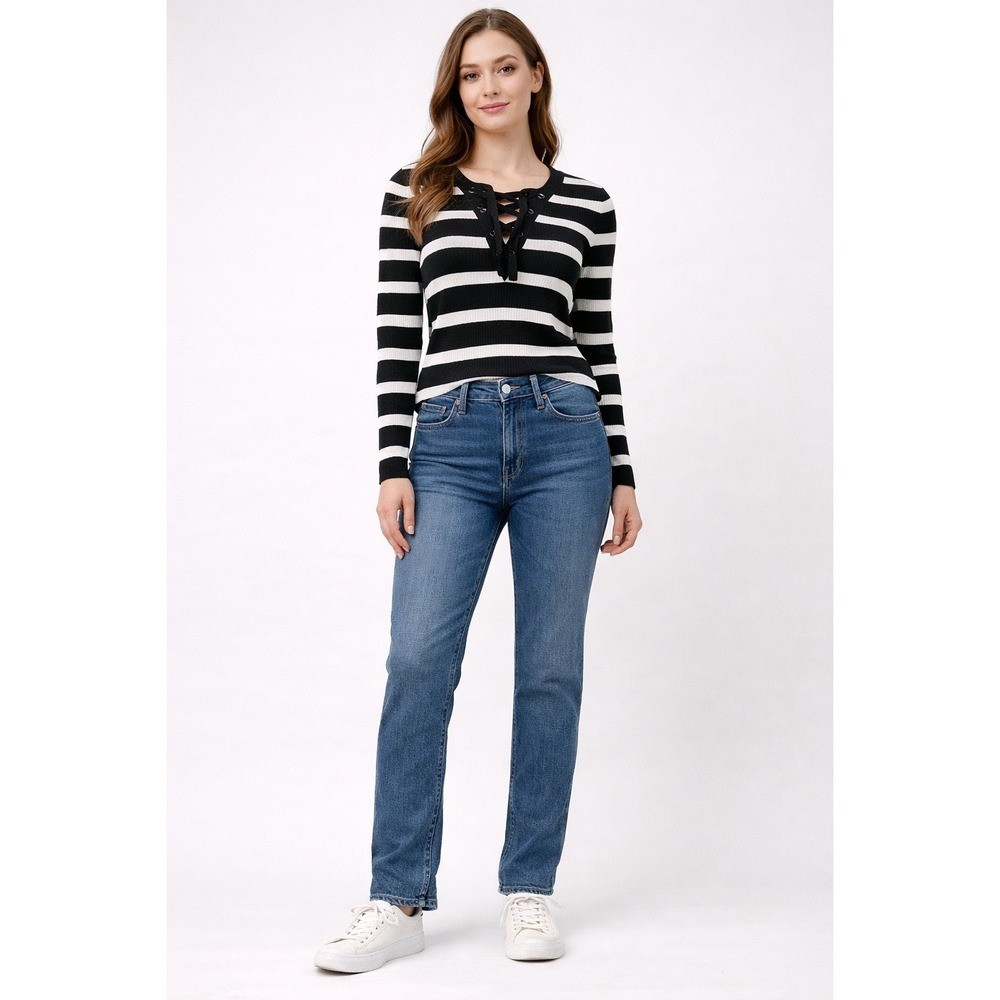 INC Women's S Black White Stripe Ribbed Lace Up V Neck Sweater Top